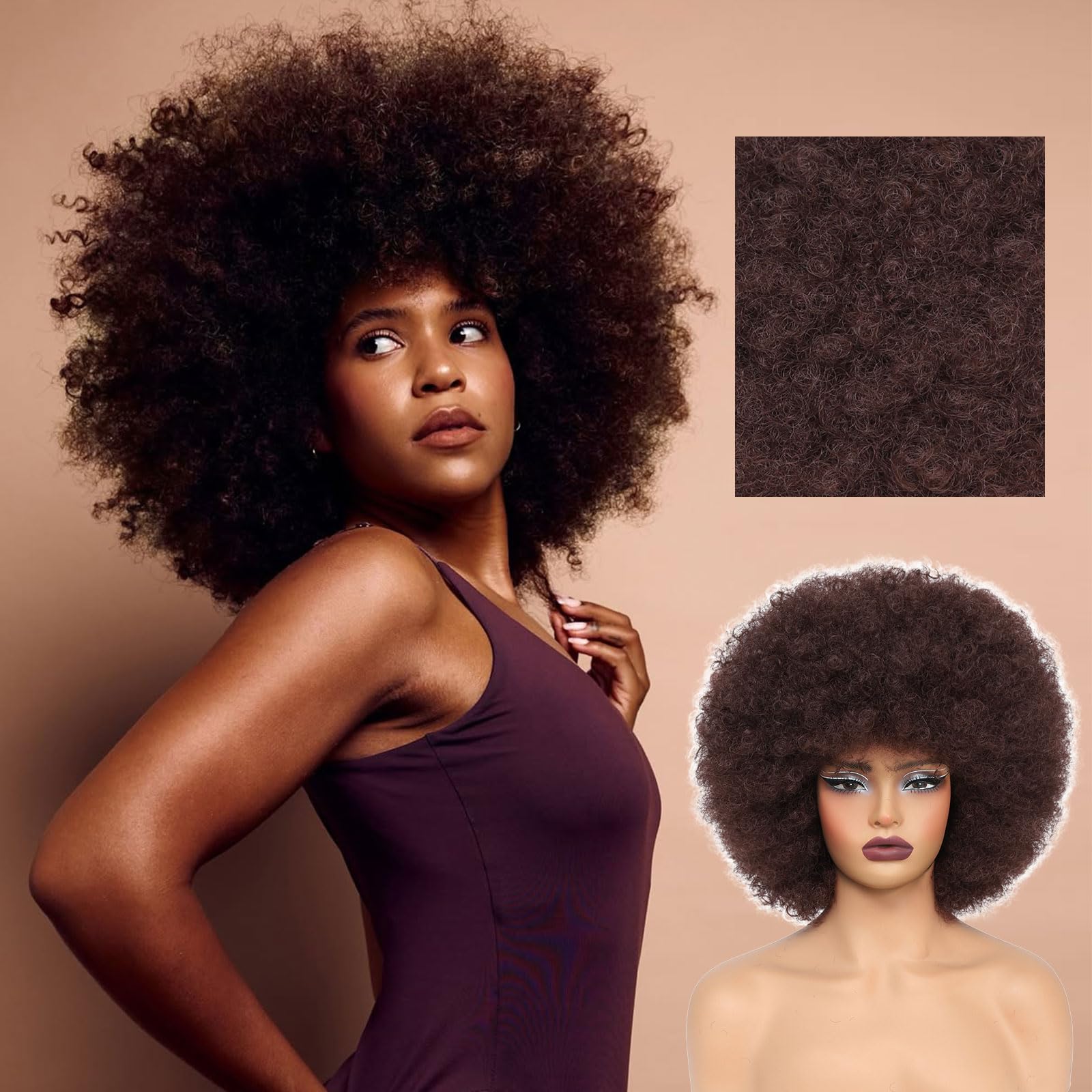 Amazon.com : DZfirst Brown Afro Wig 70s Afro Kinky Curly Wigs for